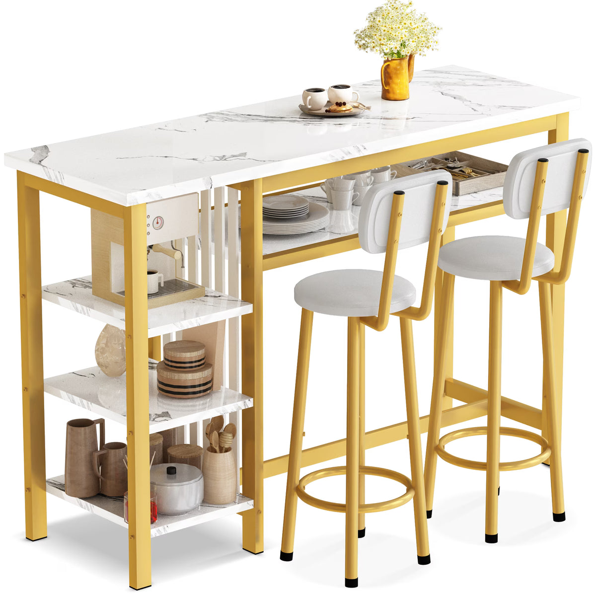 White Gold Bar Table Set with 2 PU Upholstered Stools and 4 Storage Shelves T343
