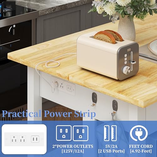 Solid Rubberwood Kitchen Island with Power Outlets, 2 Drawers & Open Shelves (Grey) G74630