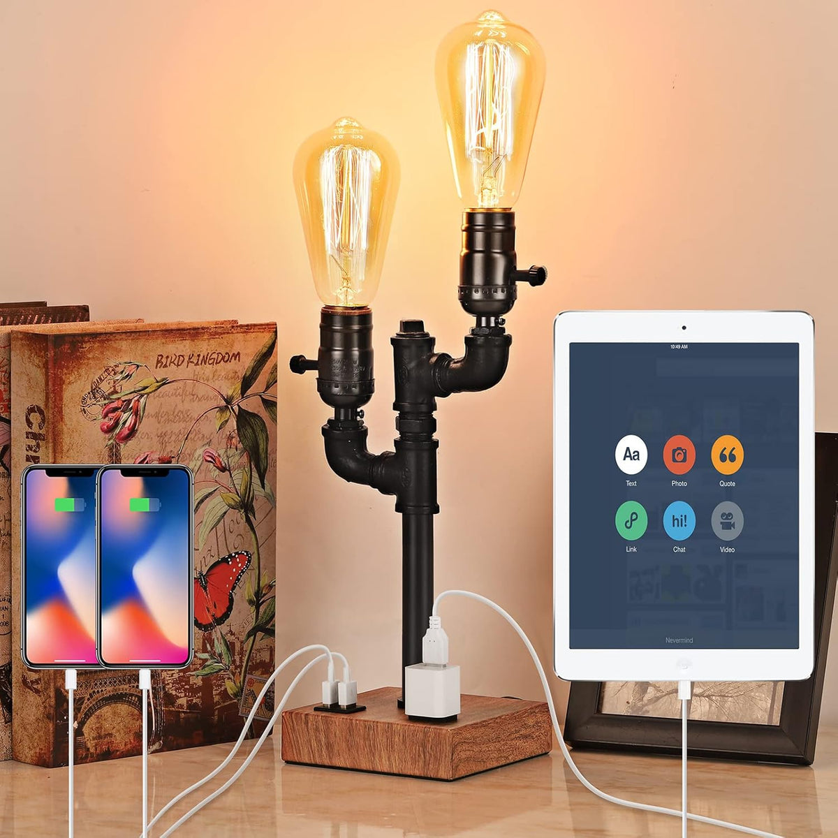Industrial Table Lamp with 2 USB Ports AC Outlet Wood Base D7394