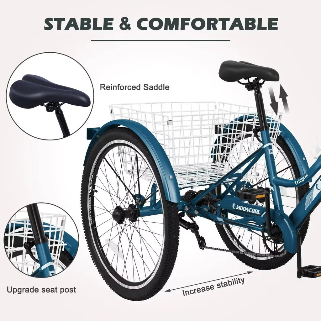Adult Tricycle 7 Speed 26 Inch Three Wheel Bike with Shopping Basket A995