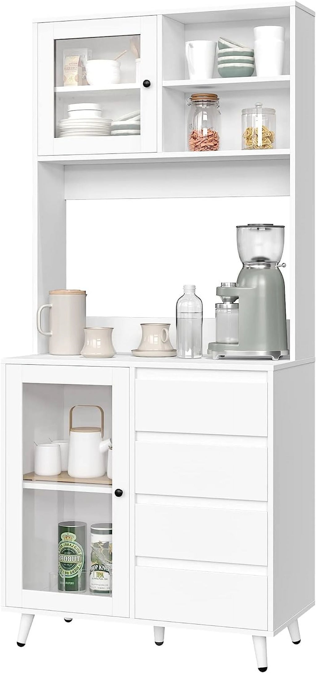 White Kitchen Pantry Cabinet with Countertop and Glass Doors C6622