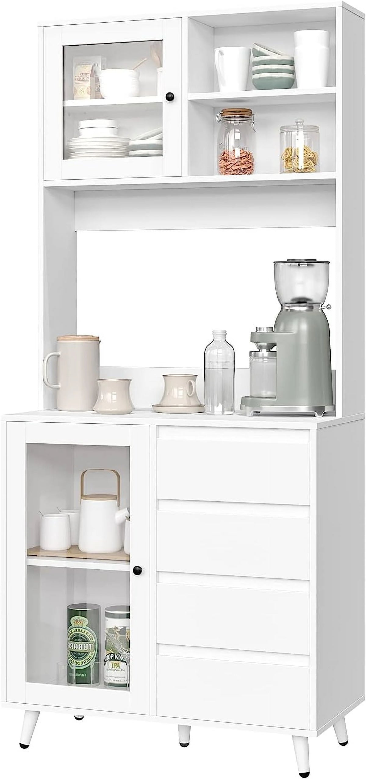 White Kitchen Pantry Cabinet with Countertop and Glass Doors C6622