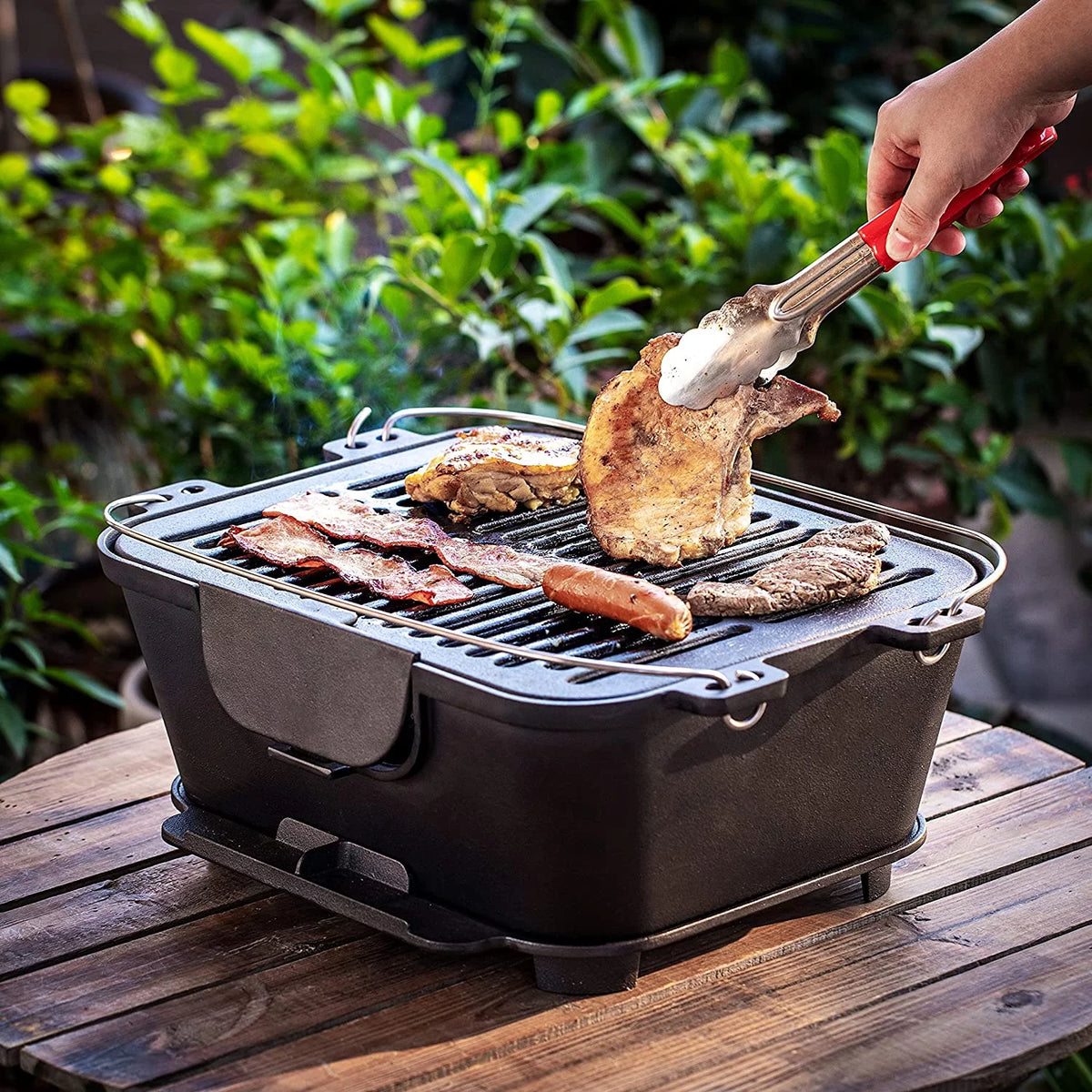 Pre-Seasoned Portable Cast Iron Charcoal Rectangle BBQ Grill, 14" x 12" Grilling Surface X932