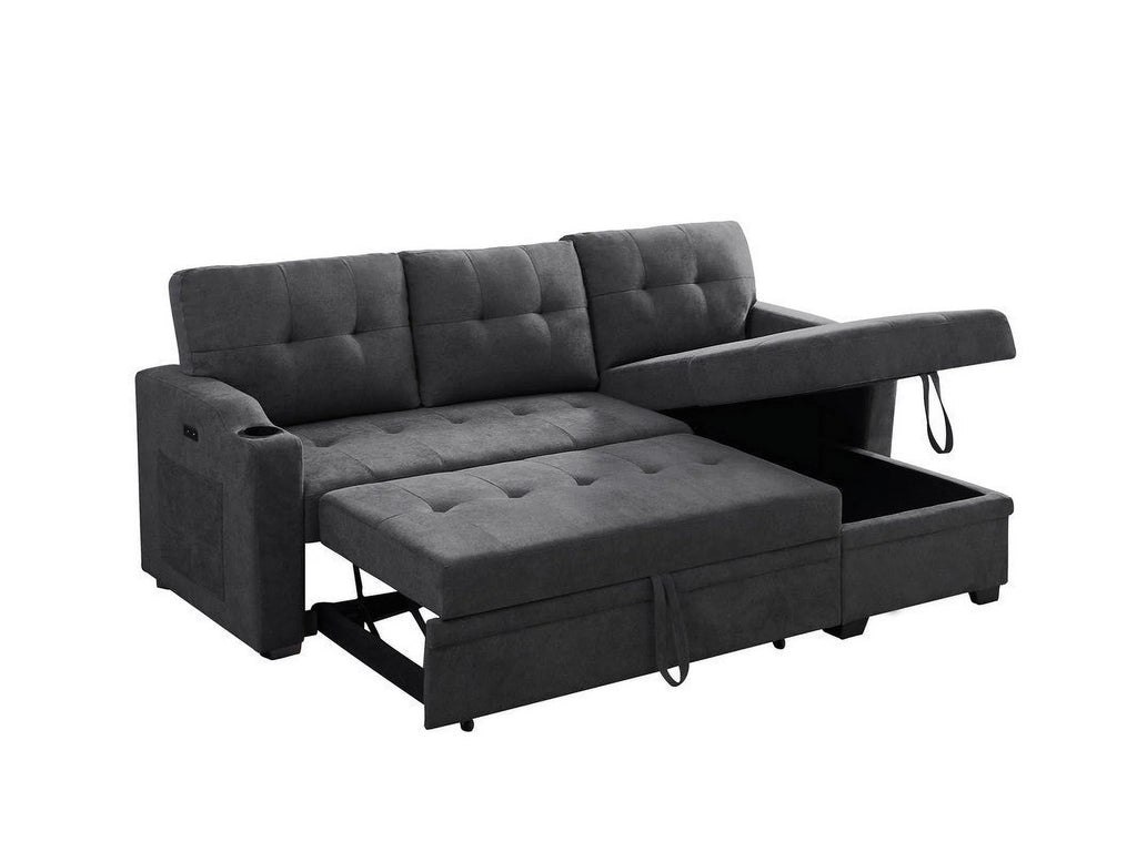 Dark Gray Woven Fabric Sleeper Sectional with Cupholder, USB Charging Port and Pocket F264