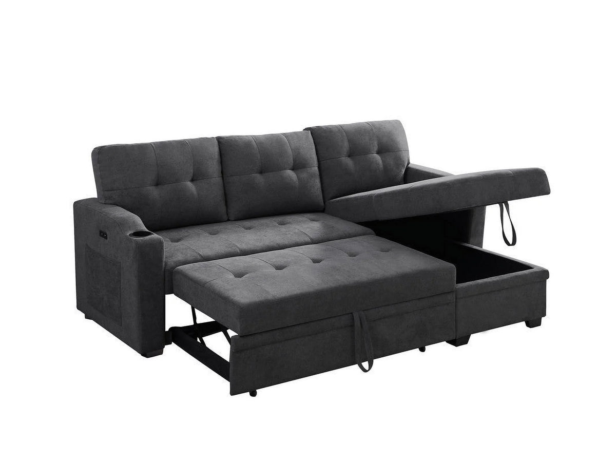 Dark Gray Woven Fabric Sleeper Sectional with Cupholder, USB Charging Port and Pocket F264