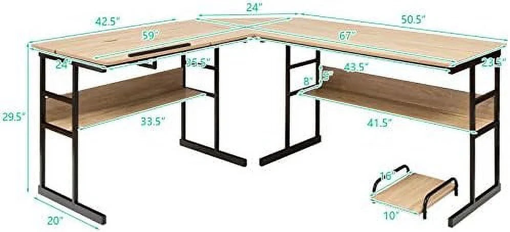 67 inches L-Shaped Corner Computer Desk with Bookshelves C732