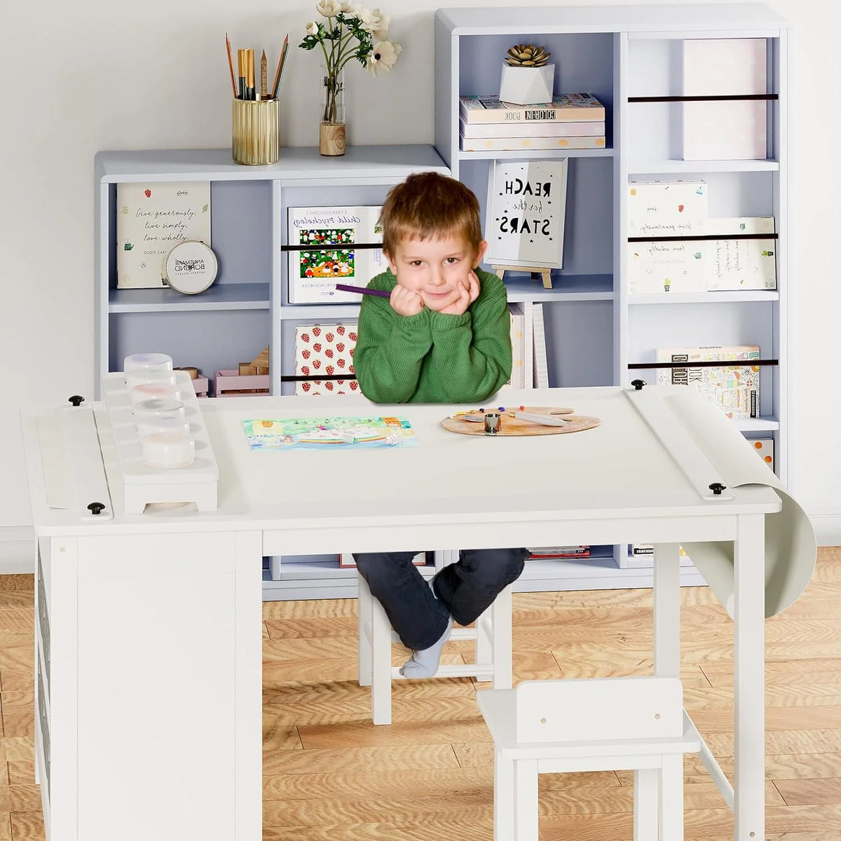 Wooden Kids Art Table and Chair Set with Storage Shelves Q31973