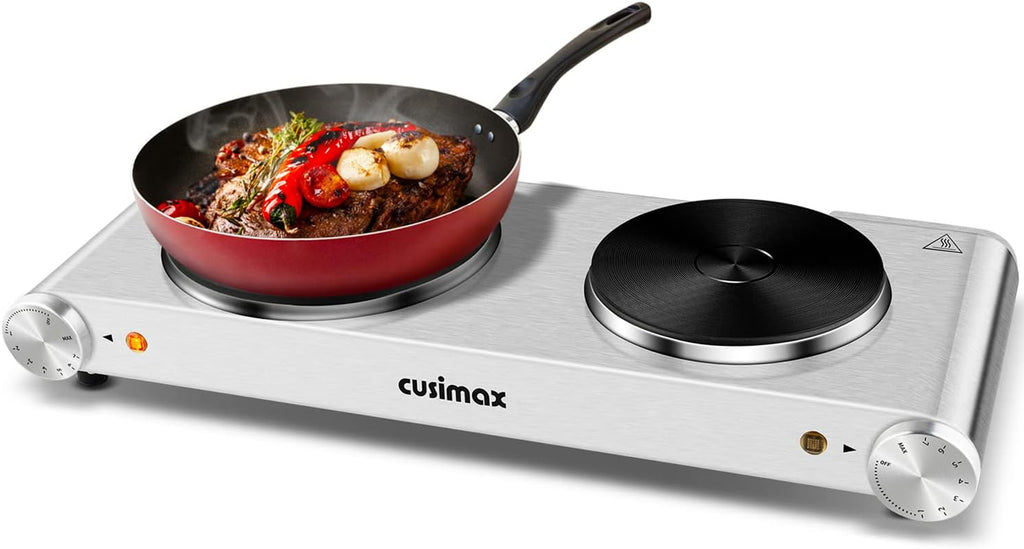 Electric Hot Plate 1500W Single Burner Cast Iron Portable Stove with Adjustable Temperature Control Silver Stainless Steel Non-Slip Rubber Feet Pack of 2 Q340