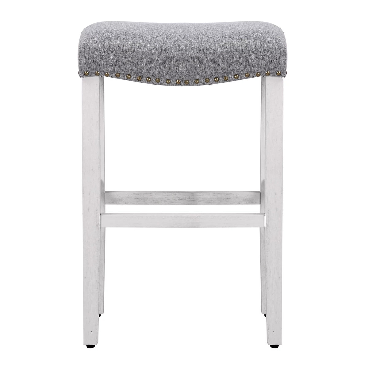 White Wooden Bar Stool Set of 2 with Gray Linen Cushion E918