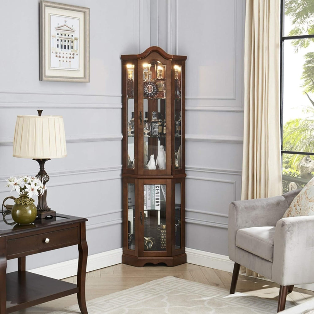 Walnut Corner Curio Cabinet with Glass Doors and Shelves Q2536