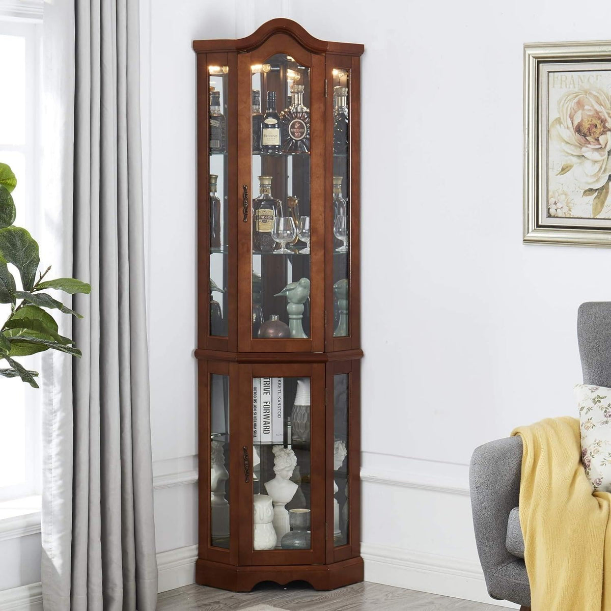 Walnut Corner Curio Cabinet with Glass Doors and Shelves Q2536