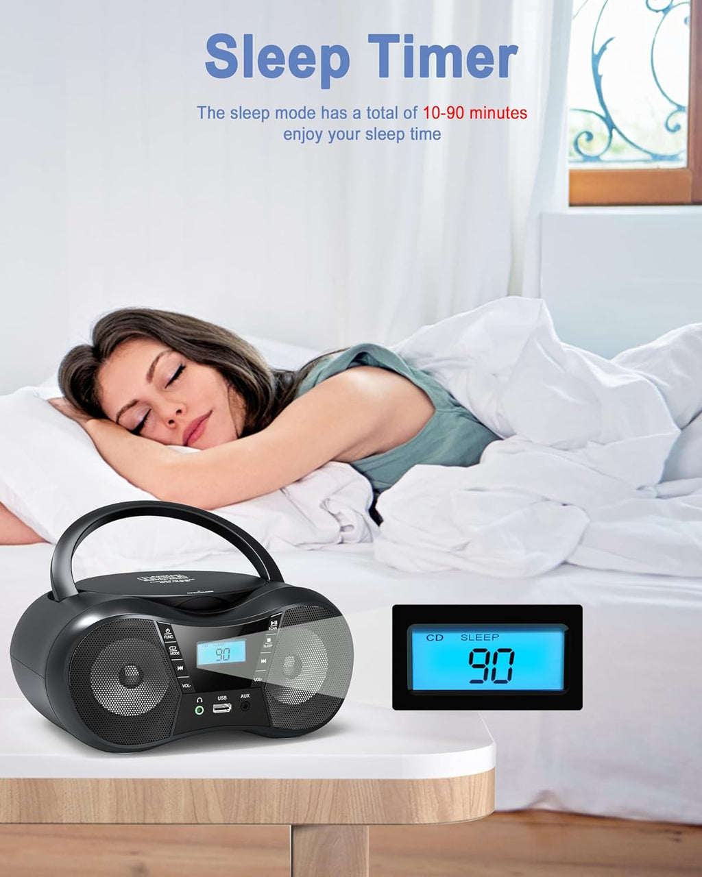 Portable CD Player Boombox with FM Radio, Bluetooth, LCD Display, USB/AUX Input, AC/Battery Powered W86219
