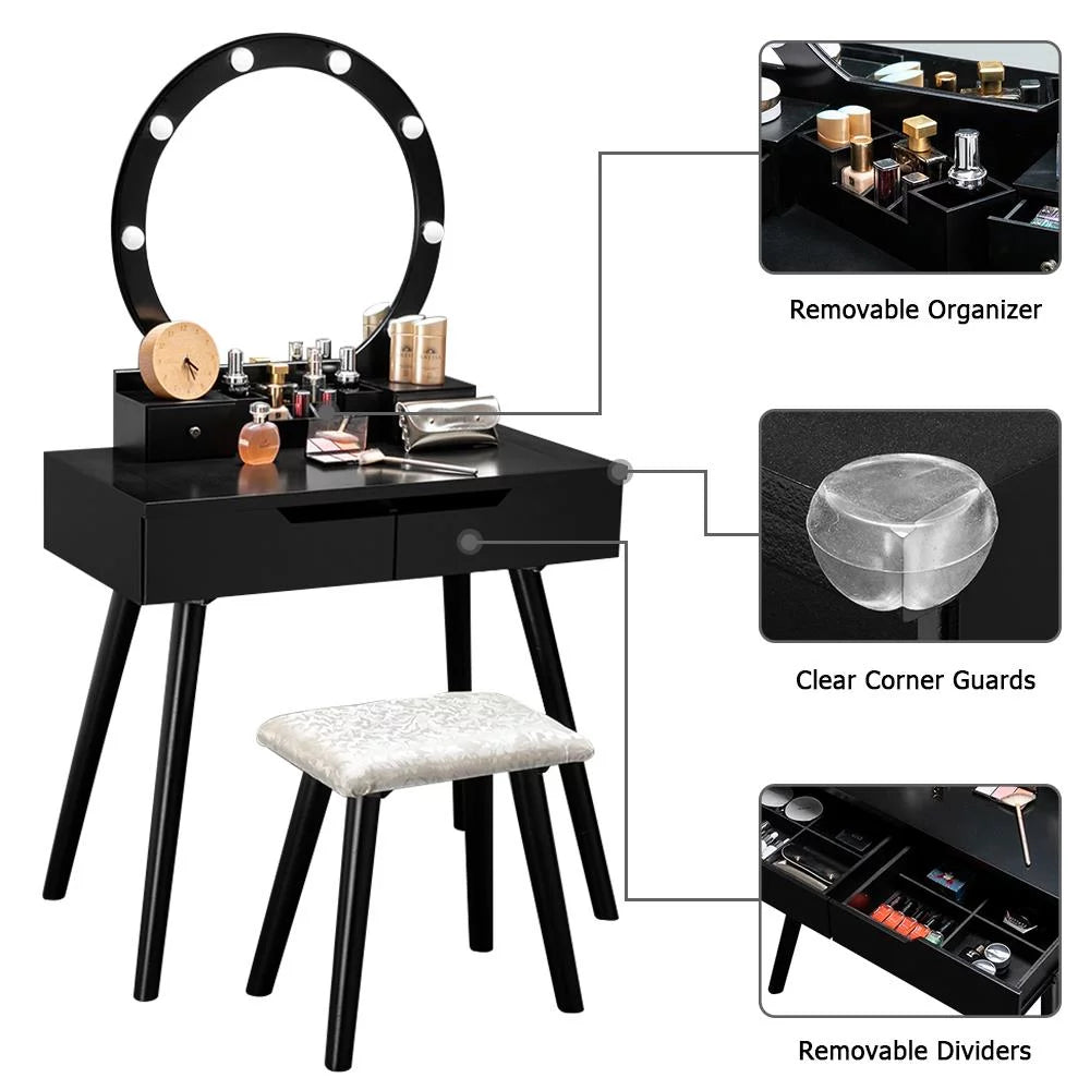 Black Wooden Dressing Table with Lighted Mirror and Cushioned Stool L676