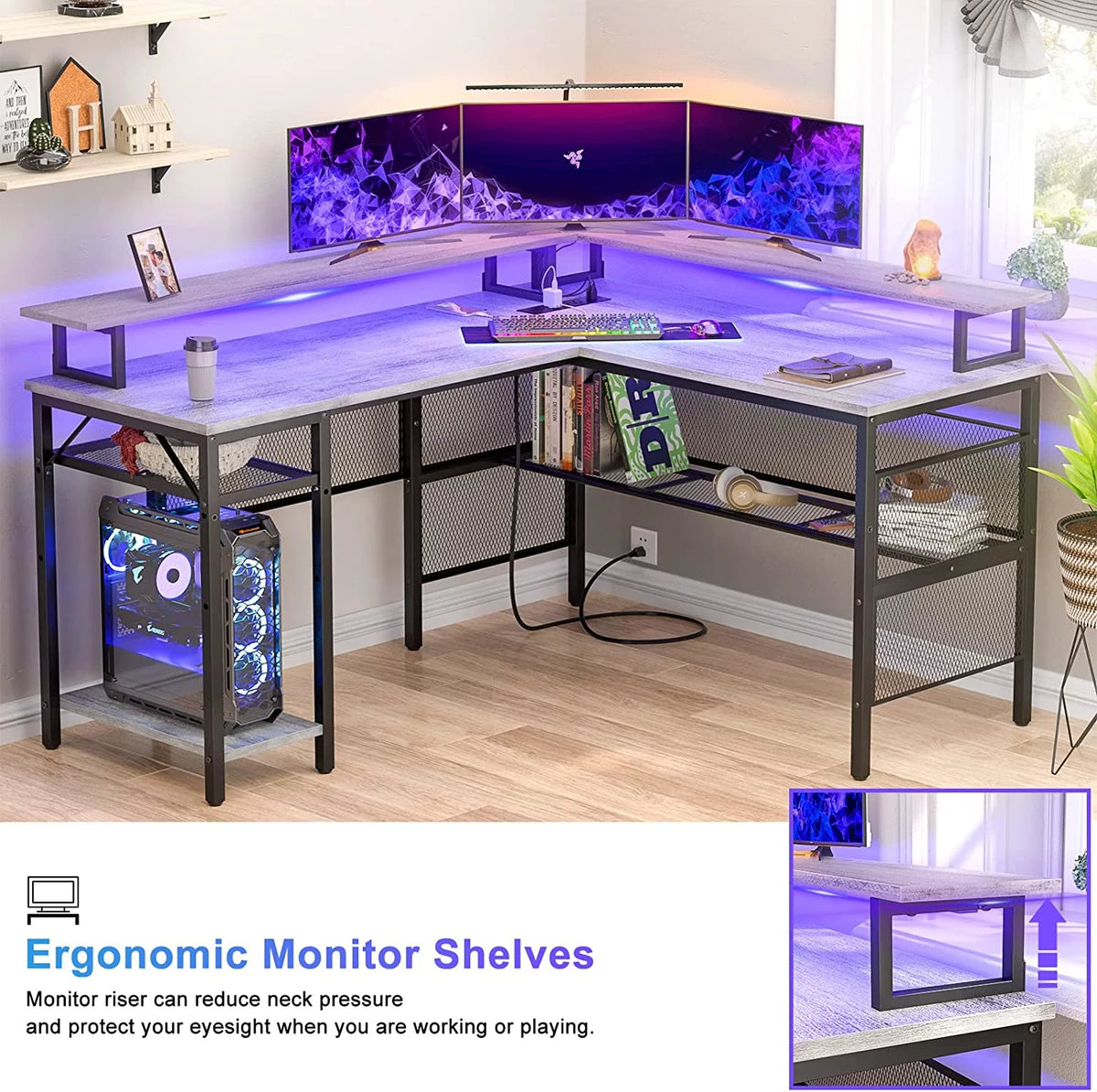 White Oak 55 inch L Shaped Desk with Power Outlets and LED Light G542872