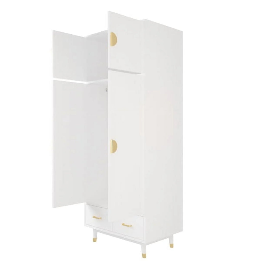 4 Door Wood Wardrobe with Clothing Rod and 2 Drawers, White T293424