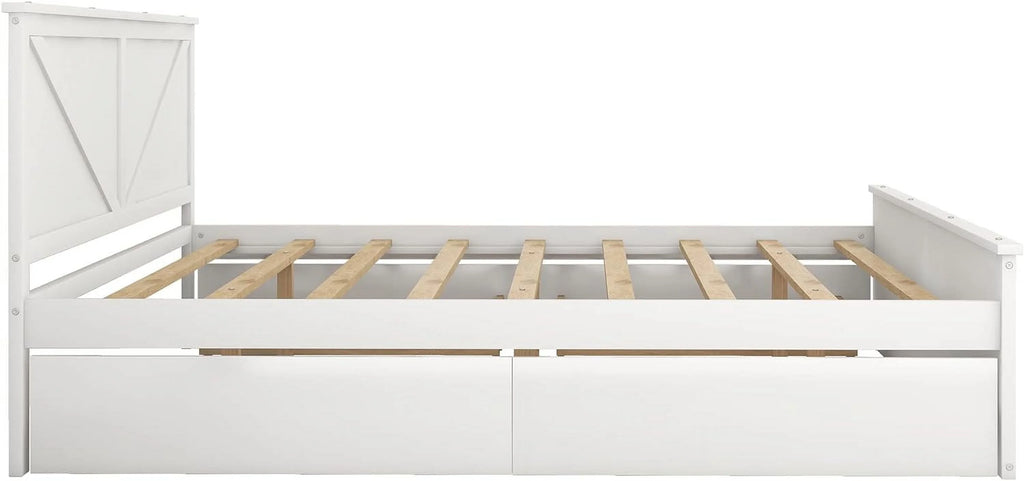 White Wood Platform Bed Frame with 4 Storage Drawers U6498
