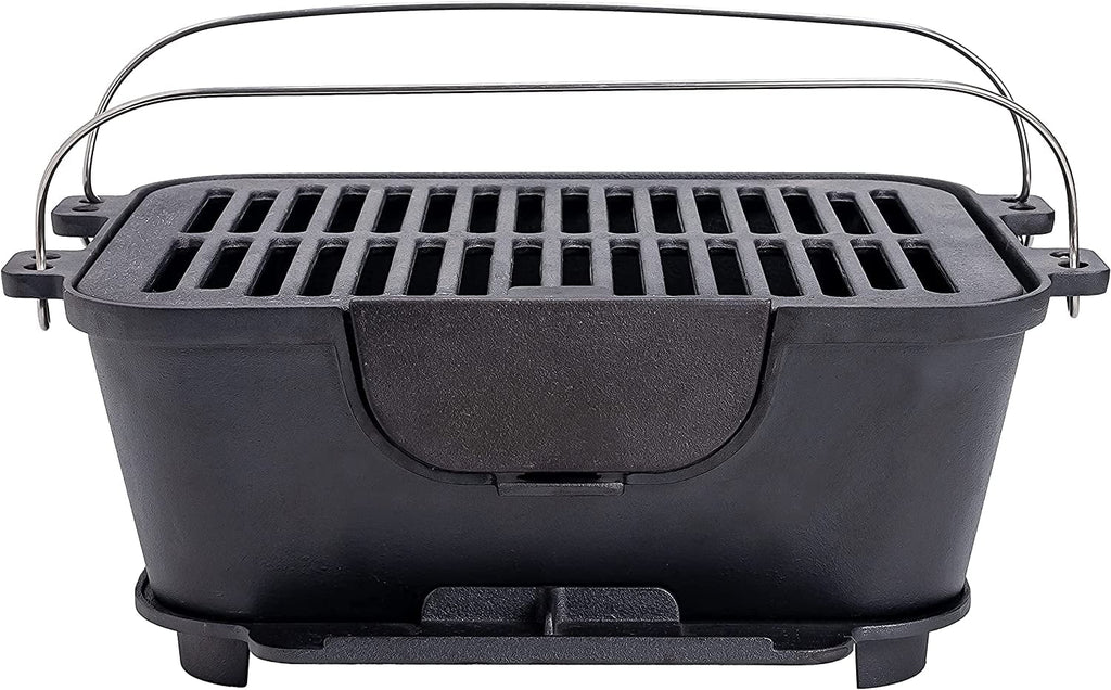 Pre-Seasoned Portable Cast Iron Charcoal Rectangle BBQ Grill, 14" x 12" Grilling Surface X932
