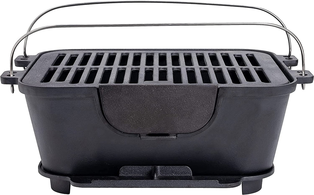 Pre-Seasoned Portable Cast Iron Charcoal Rectangle BBQ Grill, 14" x 12" Grilling Surface X932