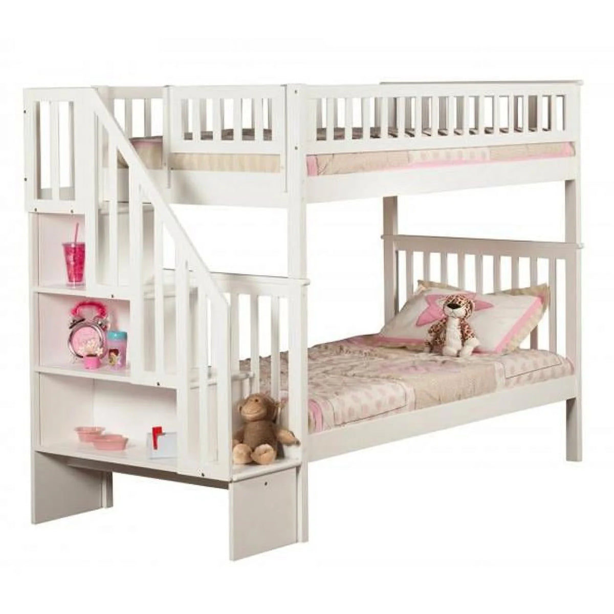 White Twin Over Twin Size Stair Bunkbed Q963