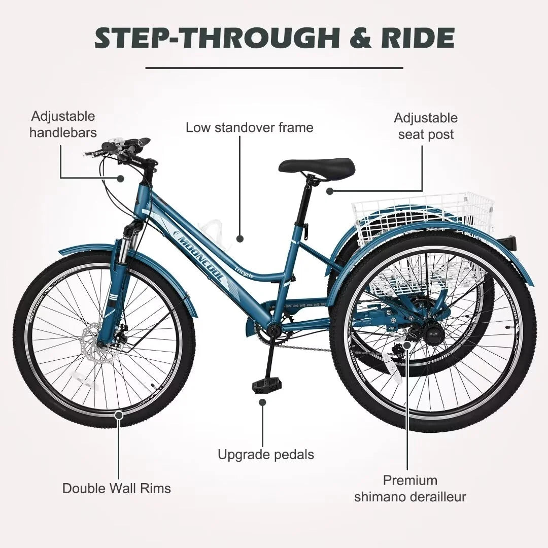 Adult Tricycle 7 Speed 26 Inch Three Wheel Bike with Shopping Basket A995