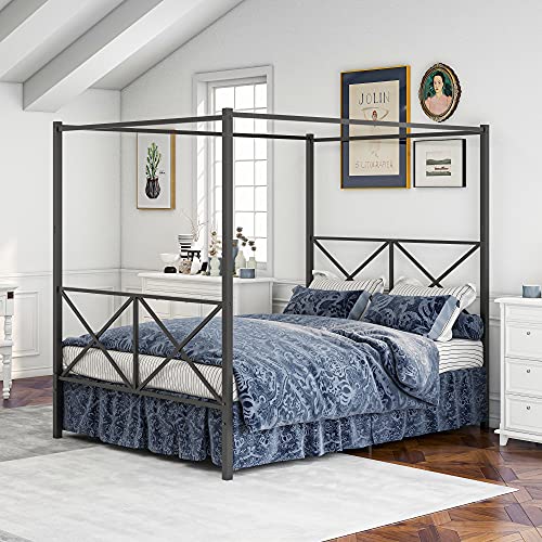 Queen Size Metal Canopy Bed Frame with Headboard and Footboard O54900