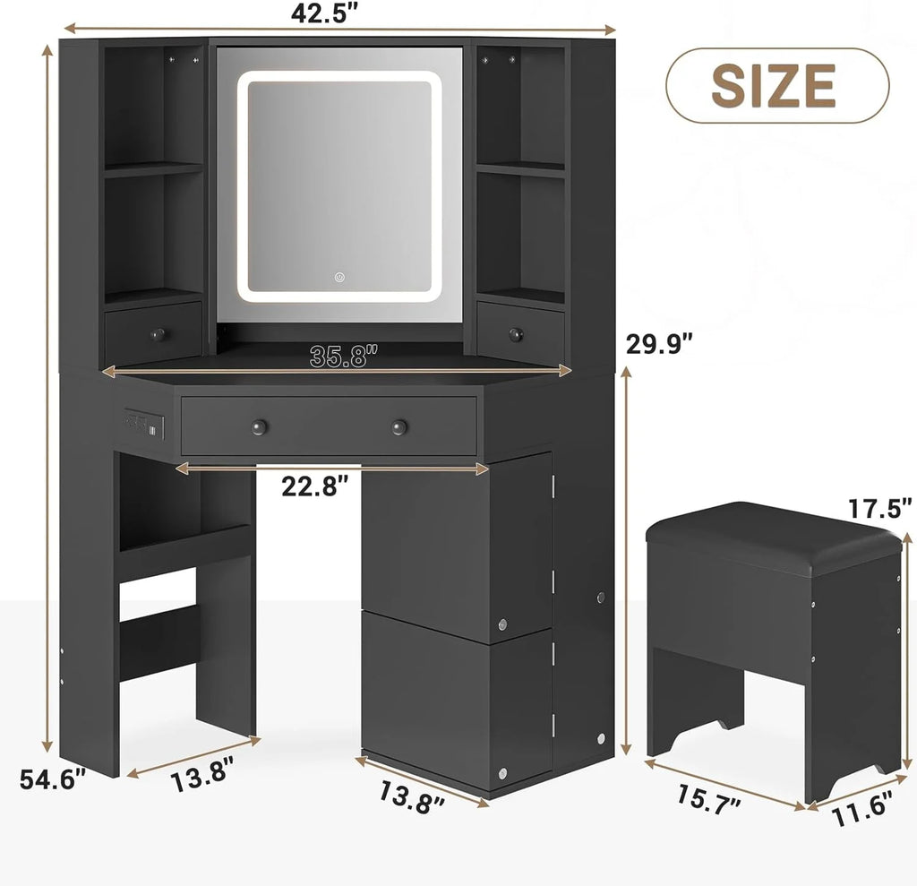 Black Makeup Desk with Lighted Mirror and Charging Station J864