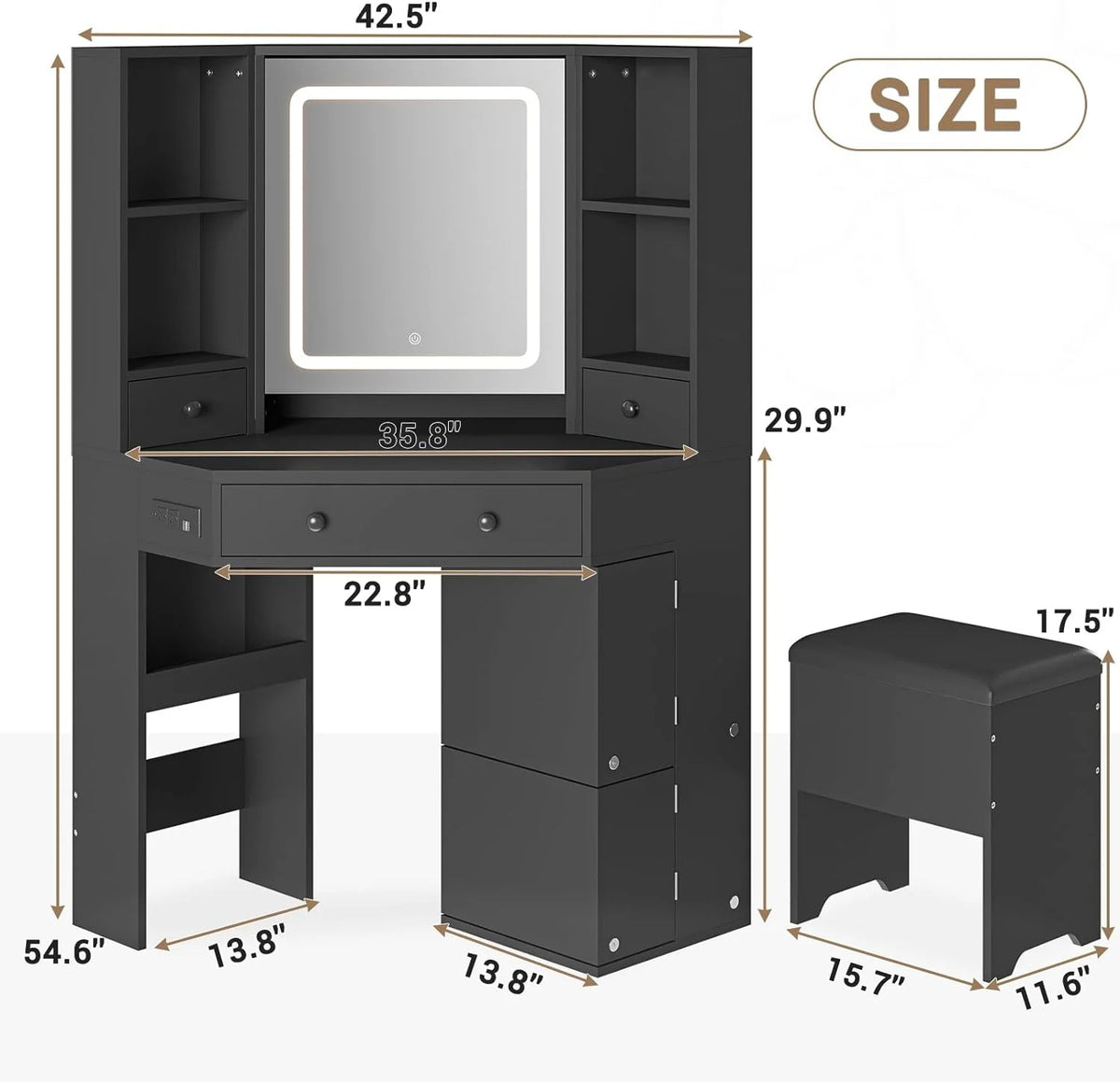 Black Makeup Desk with Lighted Mirror and Charging Station J864