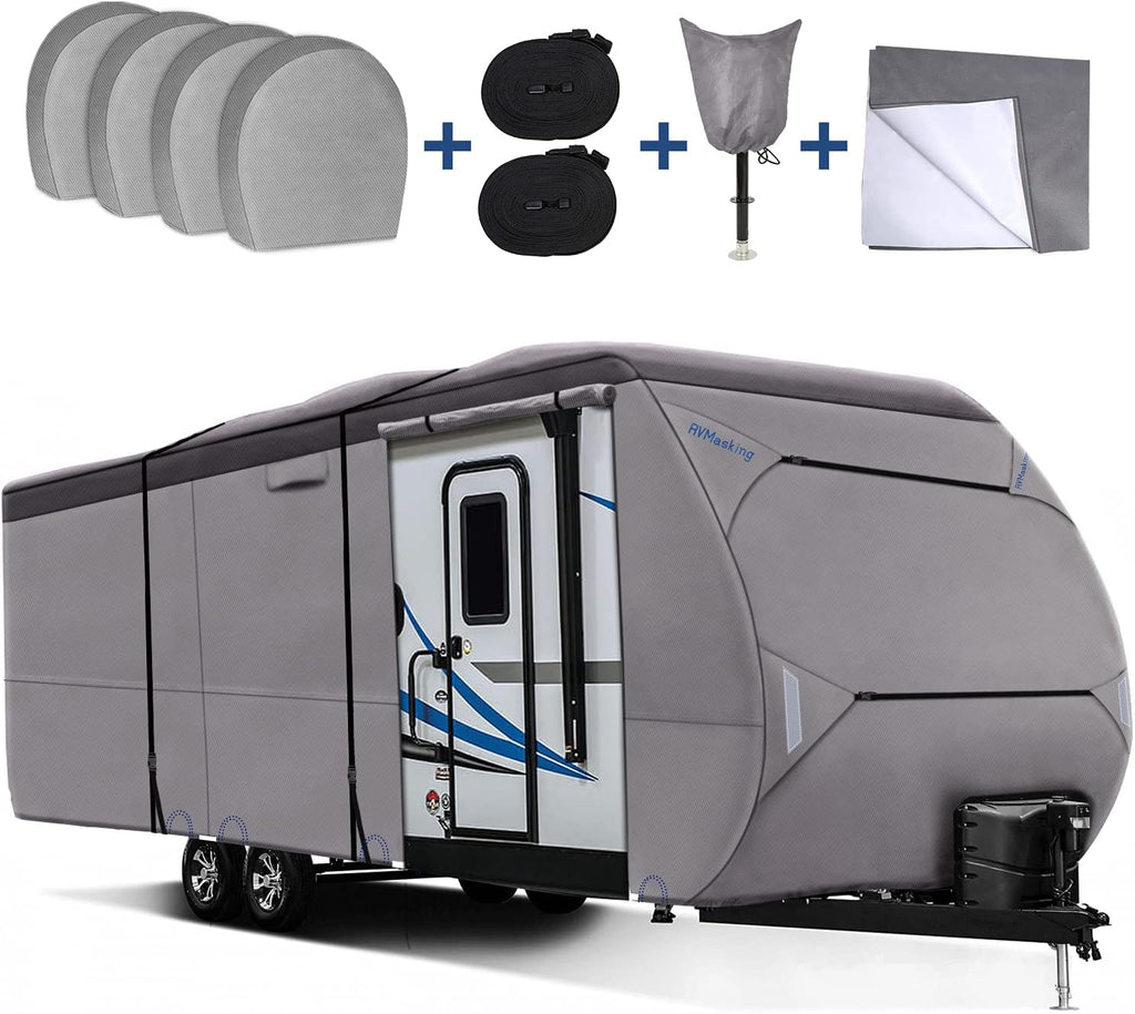 Waterproof 500D Travel Trailer Cover with 4 Tire Covers, Tongue Jack Cover P7122