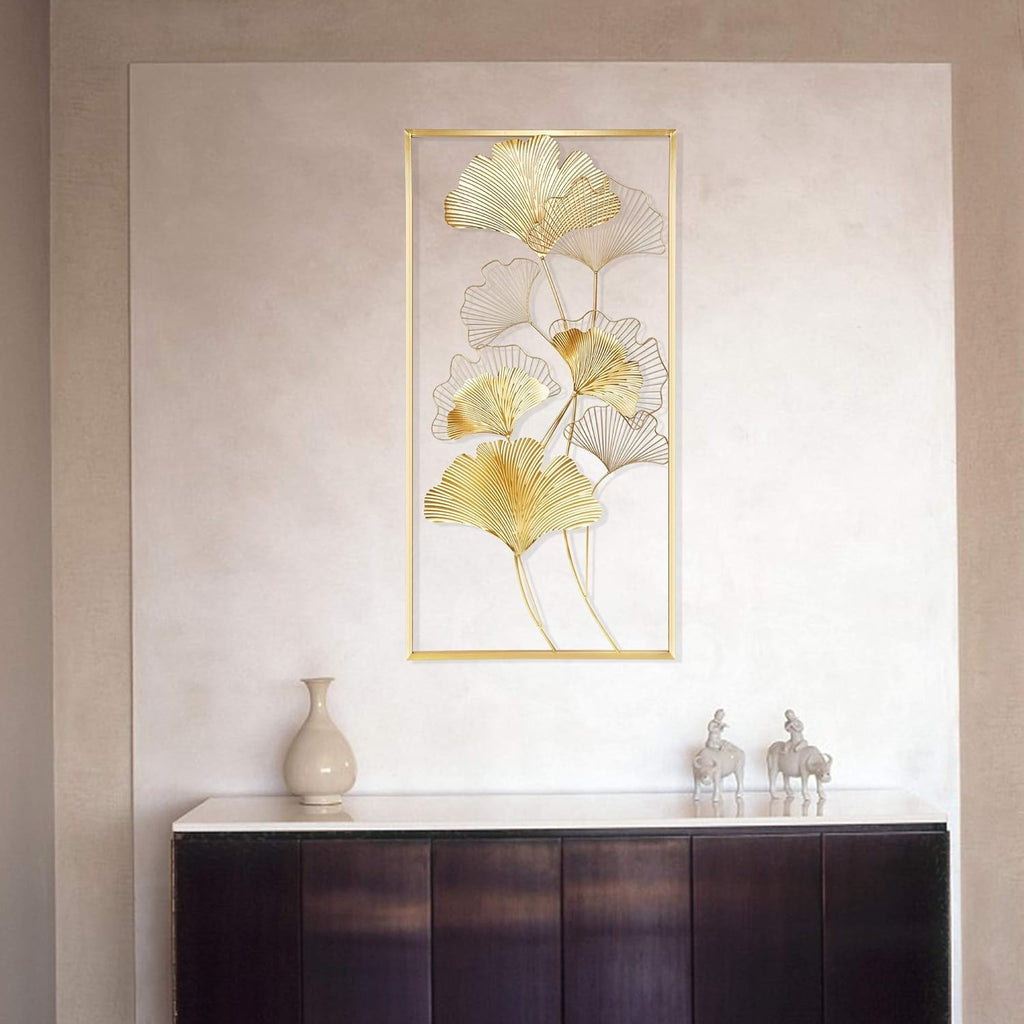 39" X 20" Golden Metal Ginkgo Leaf Wall Hanging Decor B715
