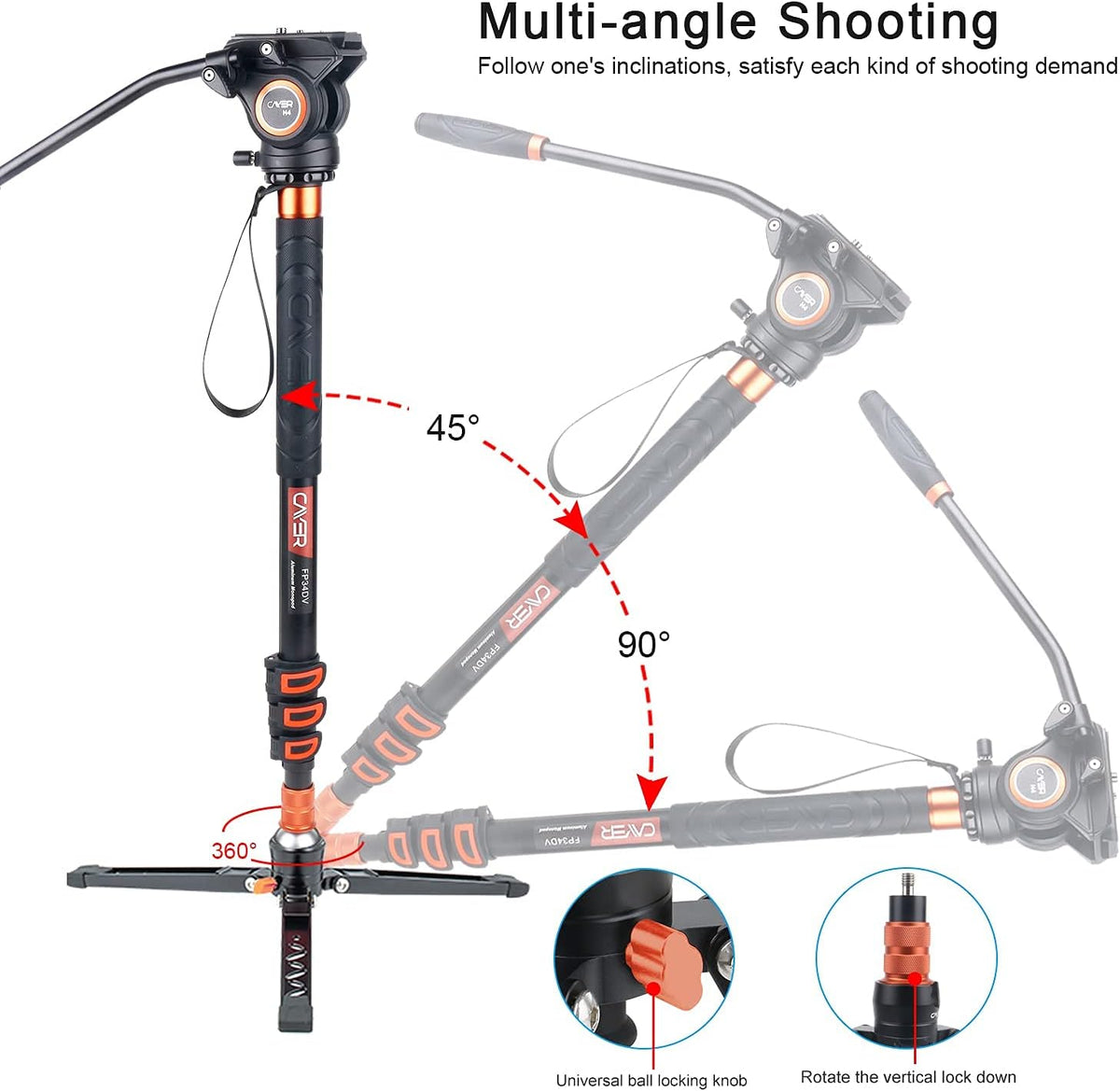 Lightweight Aluminum 71 inch Camera Monopod with Pan Tilt Fluid Head and Tripod Base N1062