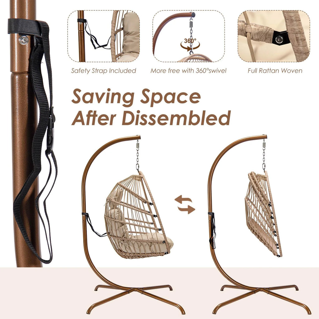 Foldable Brown PE Wicker Hanging Egg Chair with Stand K98788