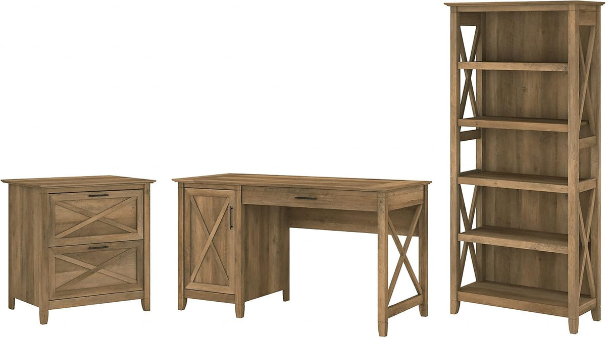 54W Reclaimed Pine Computer Desk with 2 Drawer Lateral File Cabinet and 5 Shelf Bookcase I7040