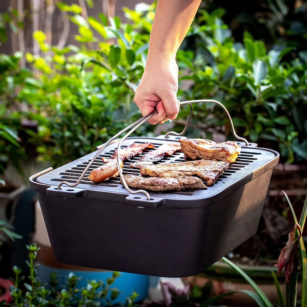Pre-Seasoned Portable Cast Iron Charcoal Rectangle BBQ Grill, 14" x 12" Grilling Surface X932