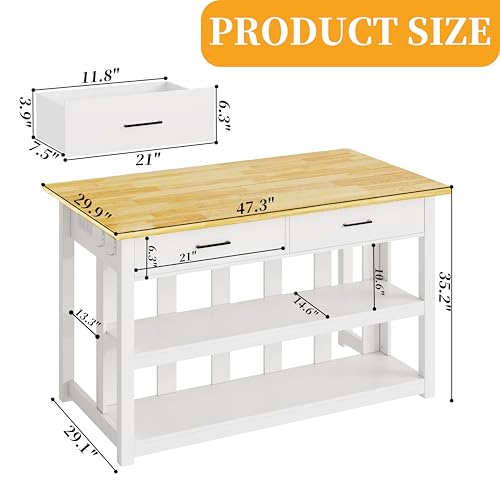 Solid Rubberwood Kitchen Island with Power Outlets, 2 Drawers & Open Shelves (Grey) G74630