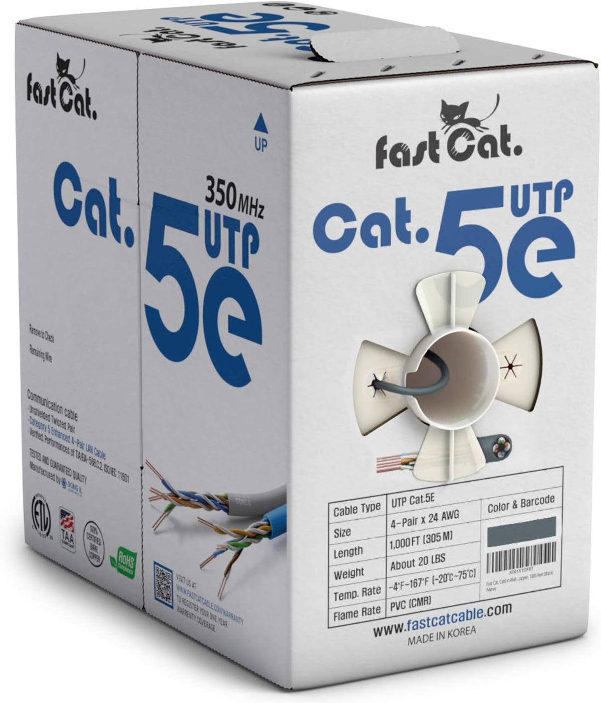 Cat5e Ethernet Cable 1000ft 24 AWG Bare Copper Blue Z583433