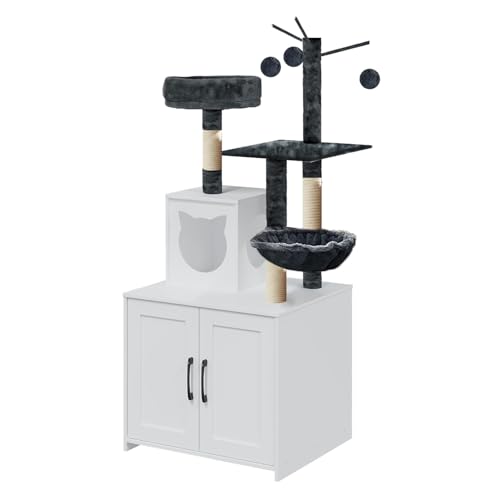 Grey Wood Cat Tree with Litter Box Enclosure Y8381