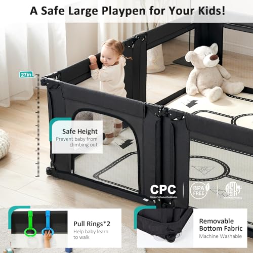 Black Adjustable Large Baby Playpen with Breathable Mesh E5636