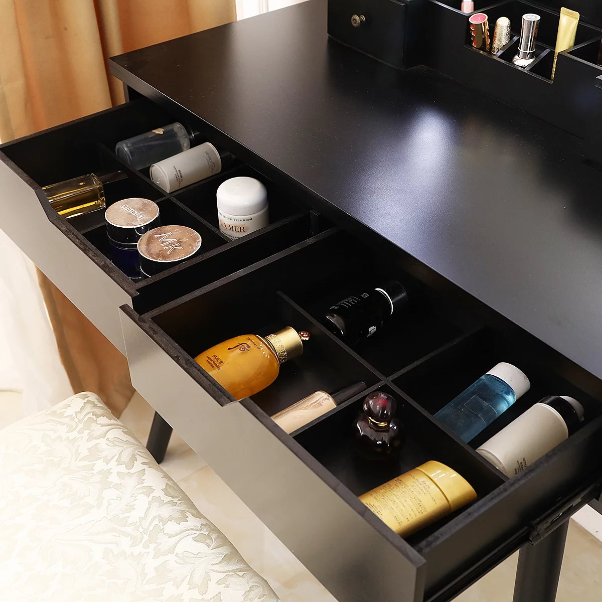 Black Wooden Dressing Table with Lighted Mirror and Cushioned Stool L676