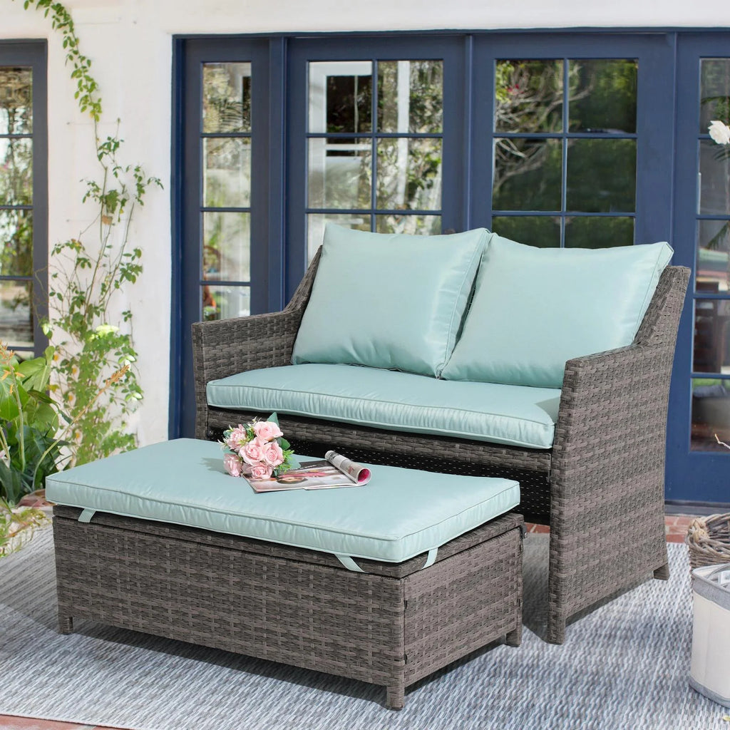 Grey Rattan 2-Piece Outdoor Patio Furniture Set with Green Cushions V489