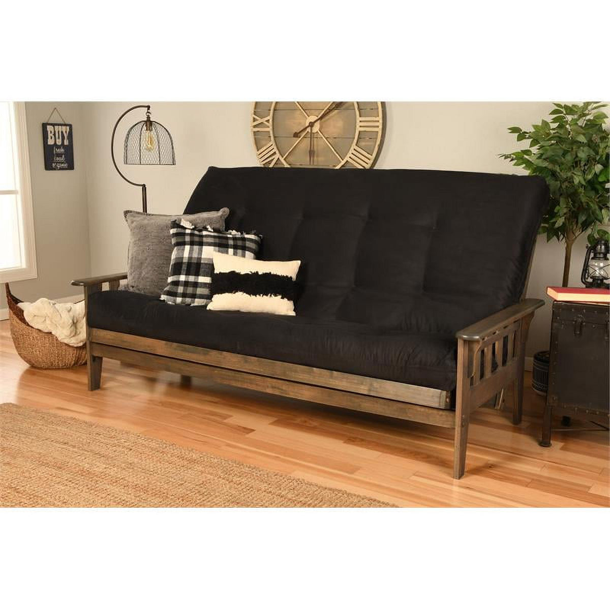 Queen Futon with Fabric Mattress in Black/Rustic Walnut J704647