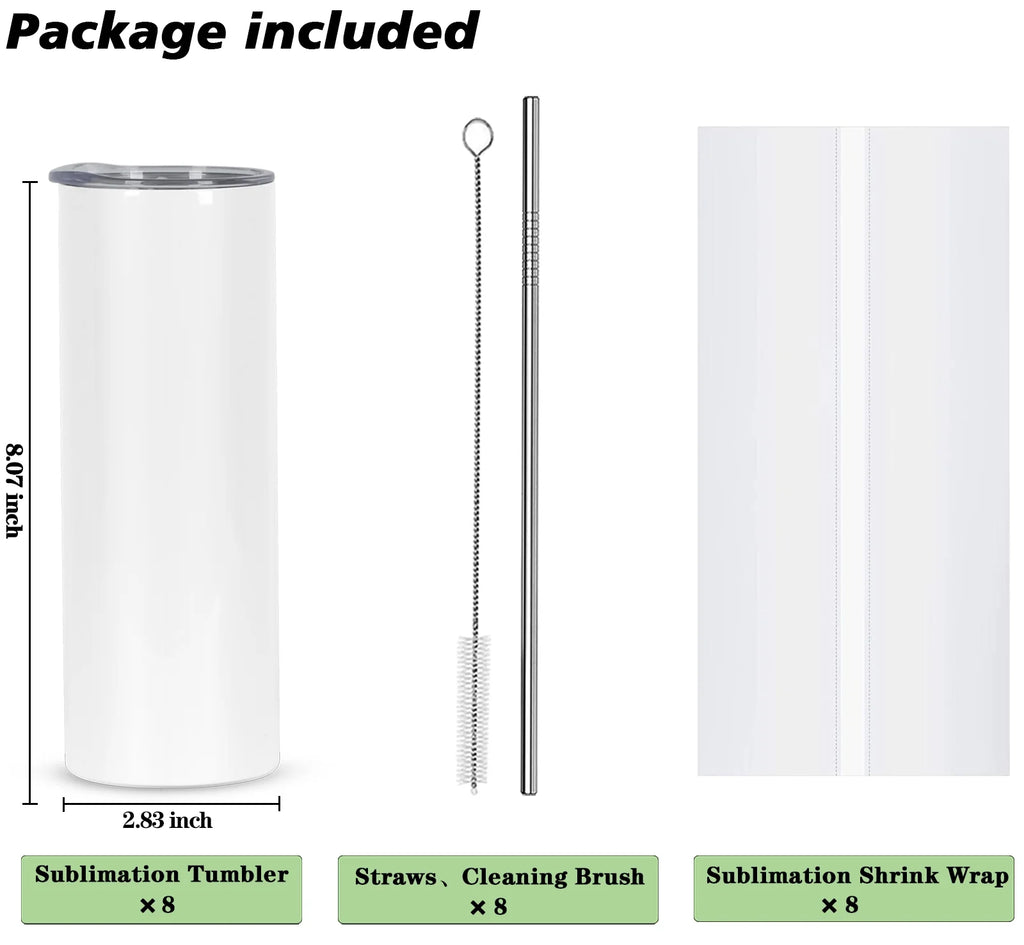 8 Pack 20 Oz Stainless Steel Sublimation Tumblers with Lid Straw A2710