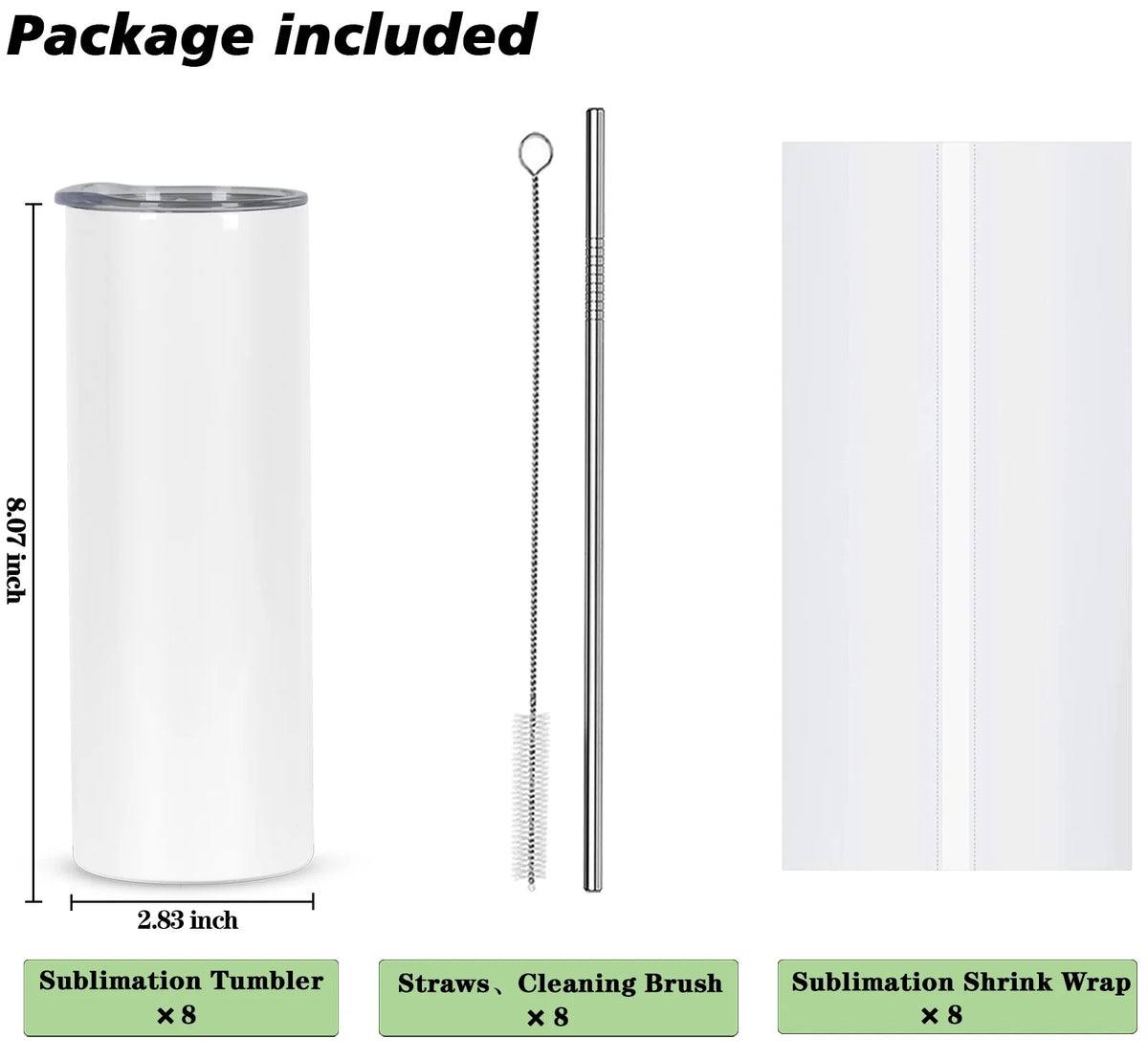 8 Pack 20 Oz Stainless Steel Sublimation Tumblers with Lid Straw A2710