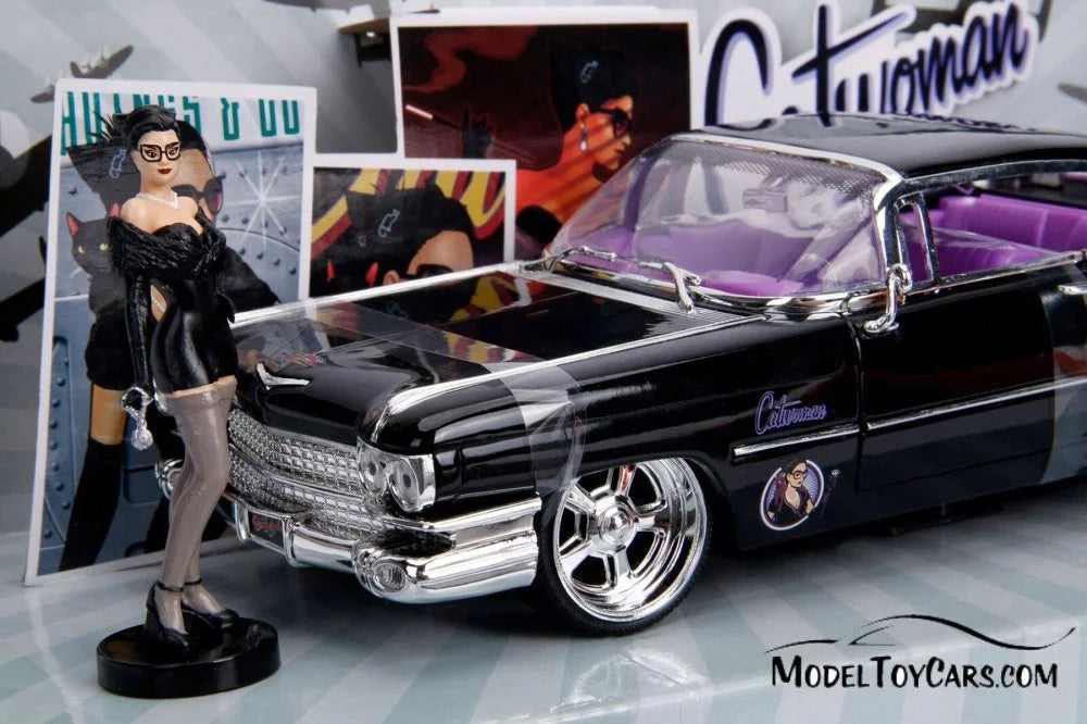 1959 Cadillac Coupe Deville Diecast Model Toy Car with Display Case and Catwoman Figurine E531