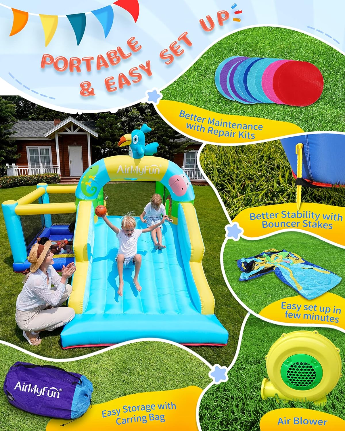 Inflatable Bounce House with Blower, Wide Slide, Ball Pool W328