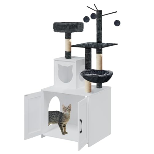 Grey Wood Cat Tree with Litter Box Enclosure Y8381