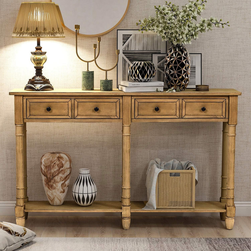 Old Pine Solid Wood Console Sofa with Two Storage Drawers and Bottom Shelf R6635