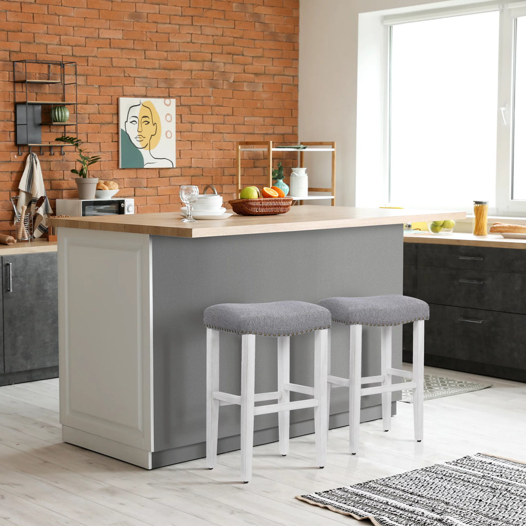 White Wooden Bar Stool Set of 2 with Gray Linen Cushion E918