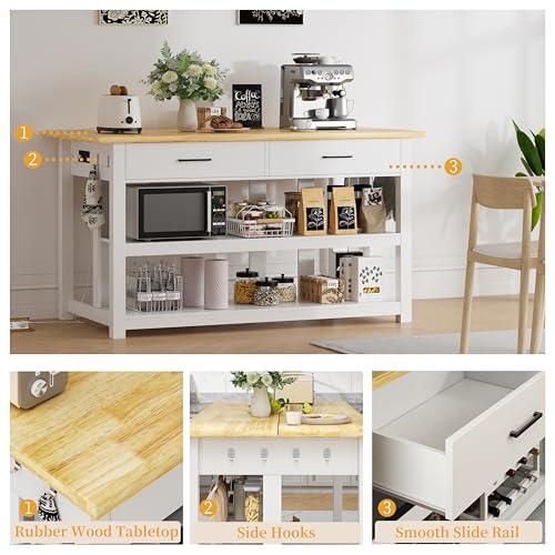 Solid Rubberwood Kitchen Island with Power Outlets, 2 Drawers & Open Shelves (Grey) G74630