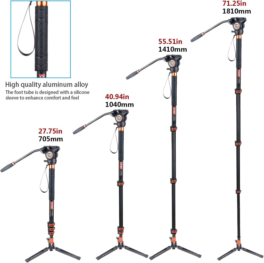 Lightweight Aluminum 71 inch Camera Monopod with Pan Tilt Fluid Head and Tripod Base N1062