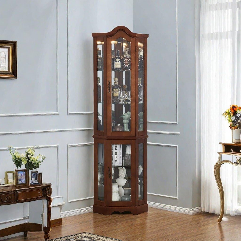 Walnut Corner Curio Cabinet with Glass Doors and Shelves Q2536